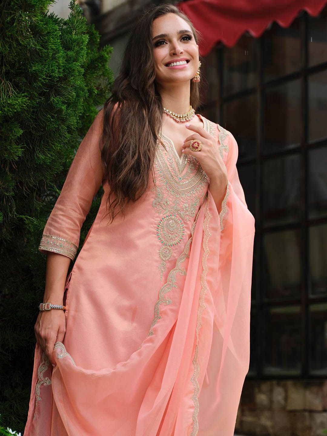 Dhiyona IE Floral Yoke Design Notch Neck Straight Kurta With Trousers & Dupatta