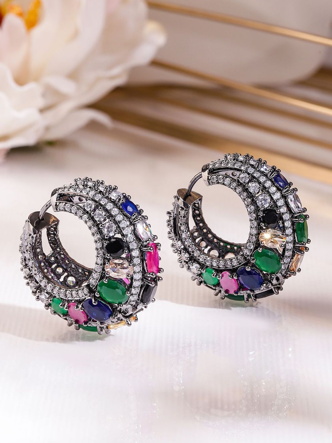 Dhiyona RJ Women's Black-Toned Multicolour Gemstone & Cubic Zirconia Studded Statement Hoop Earrings