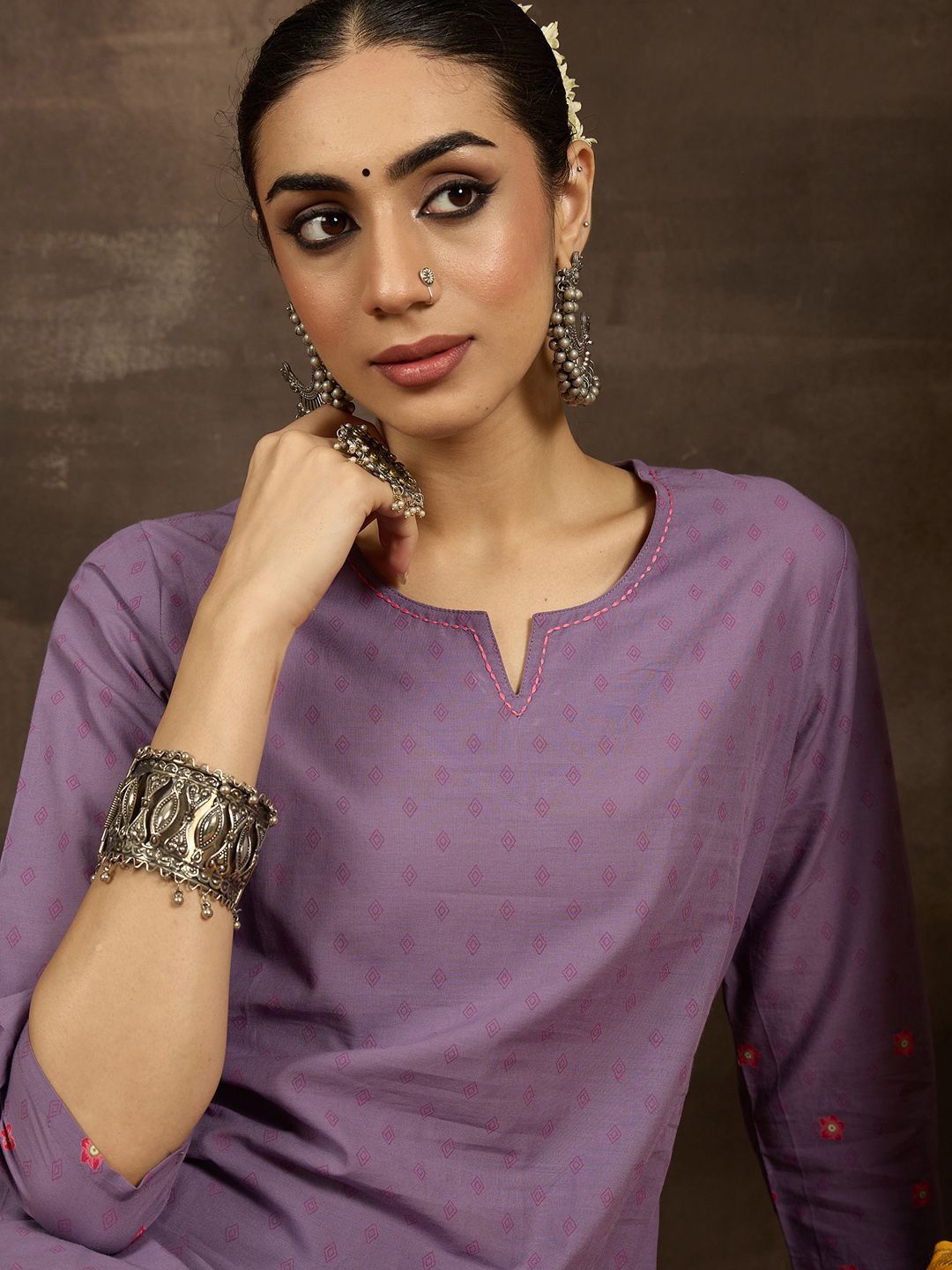 Floral Printed Notch Neck Pure Cotton Straight Kurta With Trousers