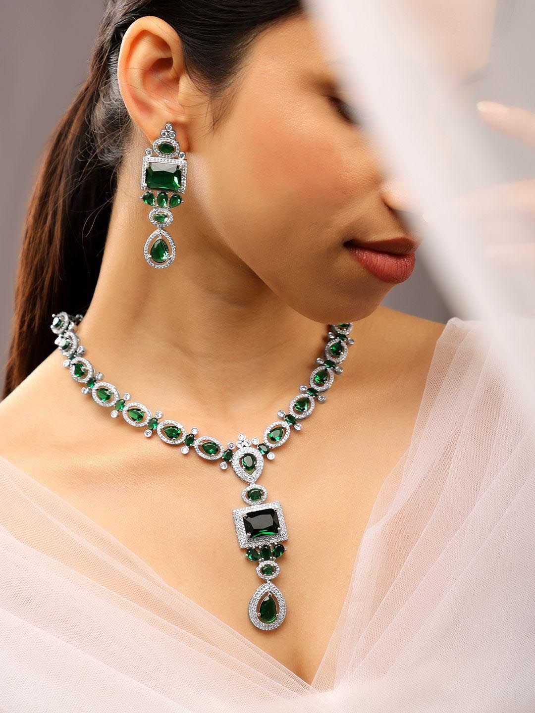 Dhiyona RJ Women's Rhodium-Plated Emerald Green & White Cubic Zirconia Studded Luxe Jewellery Set