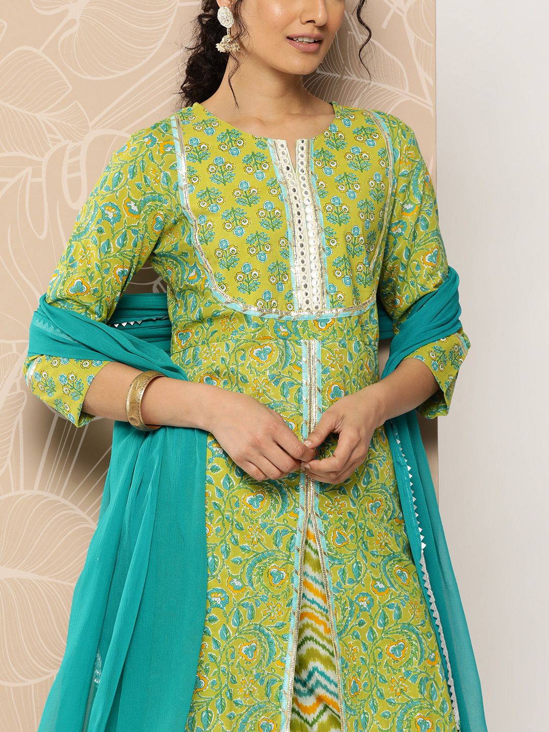 Dhiyona VA Women'sFloral Printed Mirror Work Pure Cotton Kurta With Palazzos & Dupatta