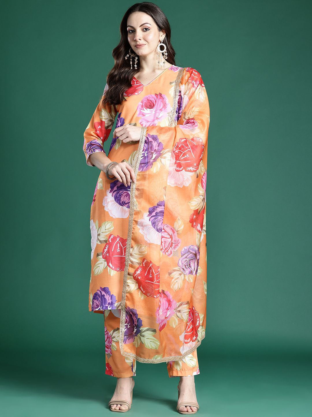 Floral Printed Regular Kurta with Trousers & Dupatta
