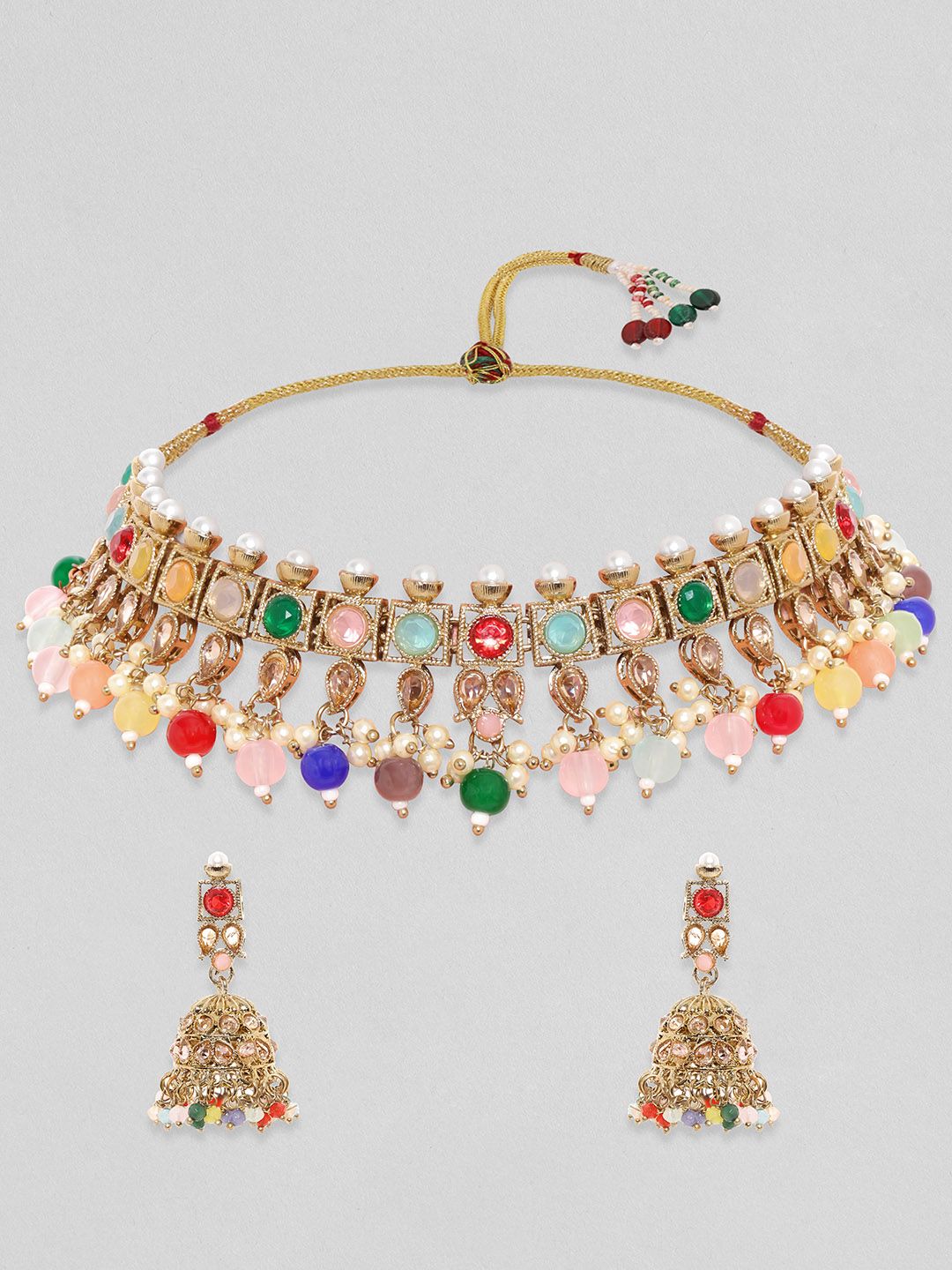 Dhiyona RJ Women's Gold-Plated Multi Color CZ Studded pearl beaded Handcrafted Jewellery Set