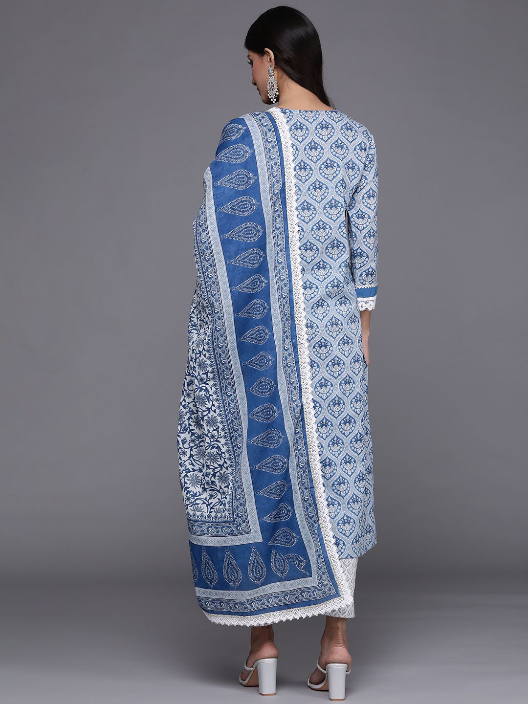Dhiyona VA Women's Blue & Grey Ethnic Printed Pure Cotton Kurta with Trousers & Dupatta