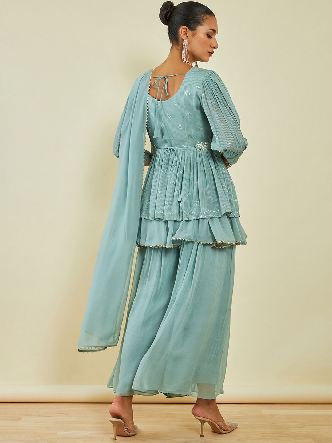 Dhiyona SO Women's Blue Embroidered Puff Sleeve Layered Sequinned Kurti & Palazzos With Dupatta