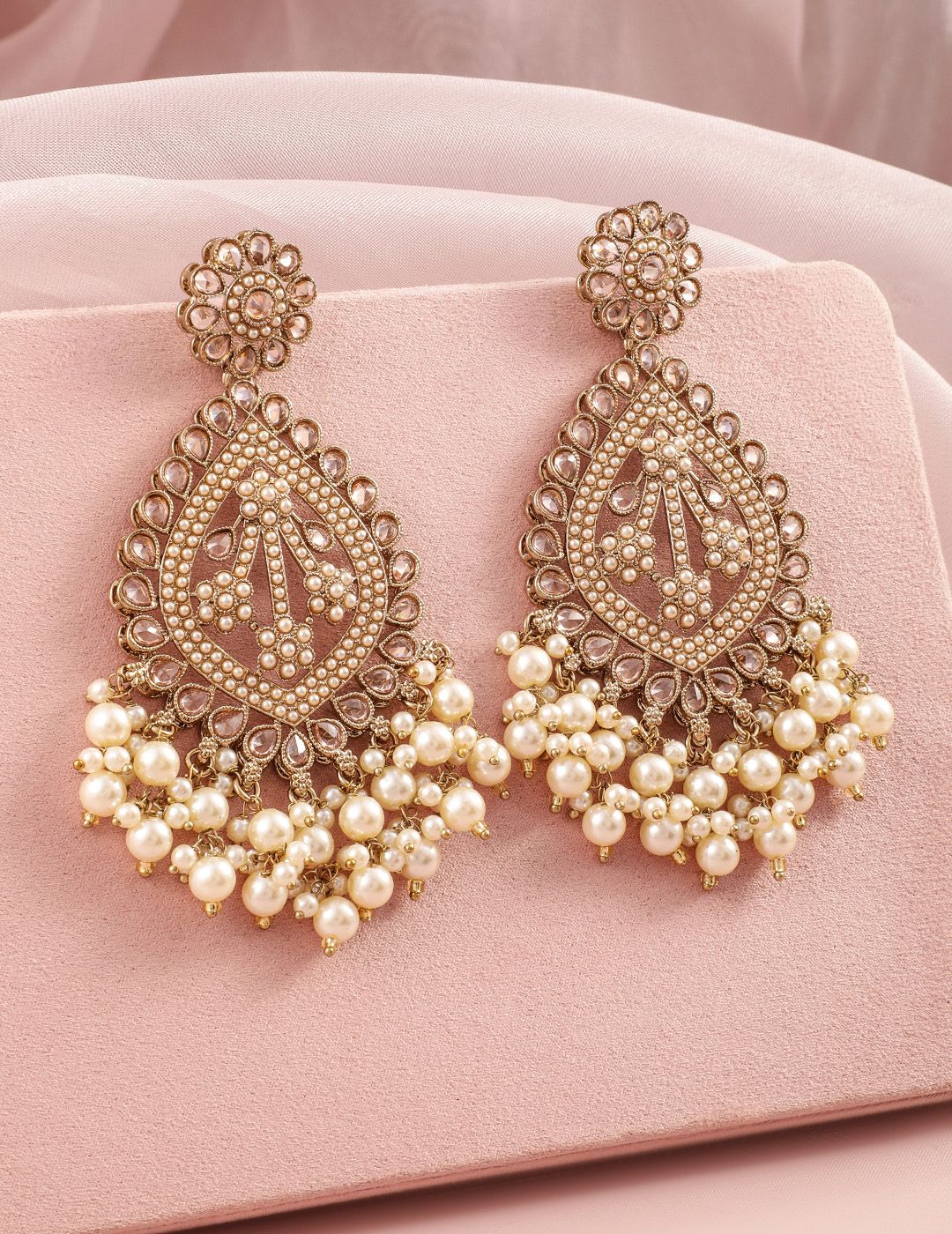 Dhiyona RJ Women's 18K Mehandi Gold-Plated Long Chandbali Earrings with Pearl Drops & Kundan Accents