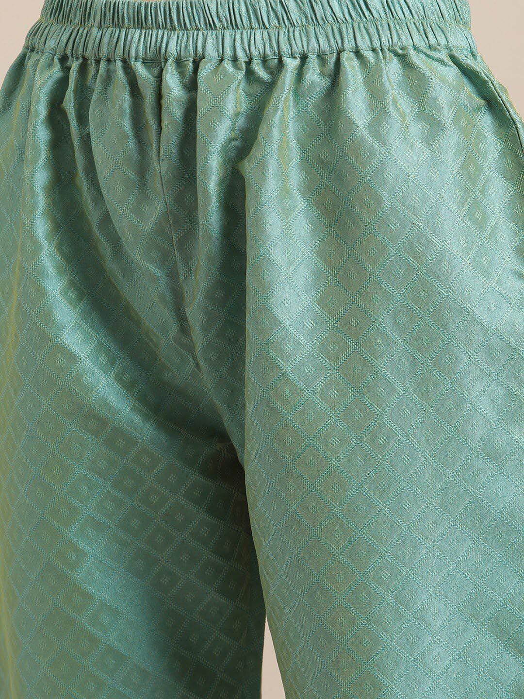 Dhiyona VA Women's Sea Green Thread Embroidered Yoke Textured Kurta with Trouser