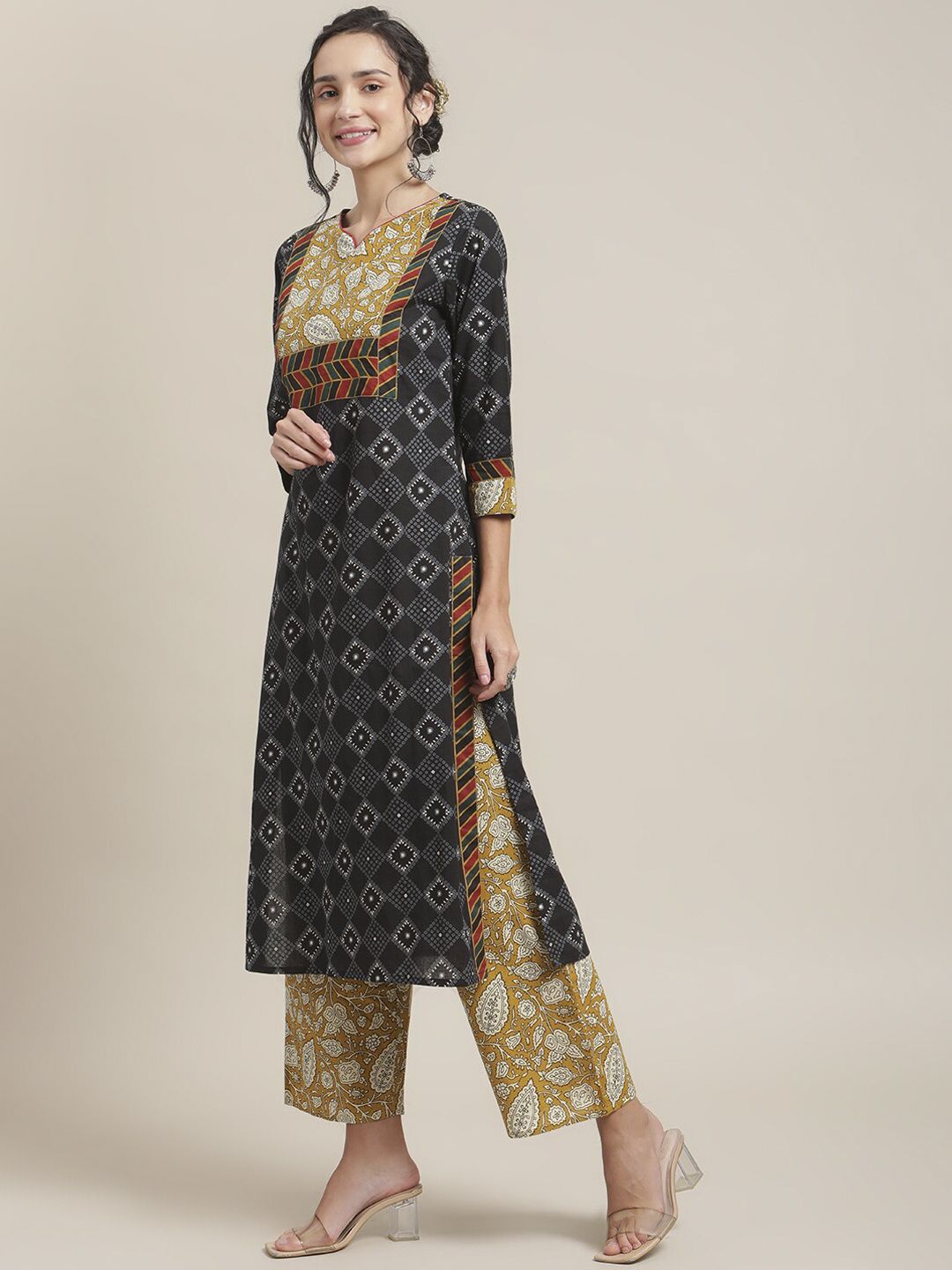 Dhiyona VA Women's Black Printed Regular Pure Cotton Kurta with Palazzos