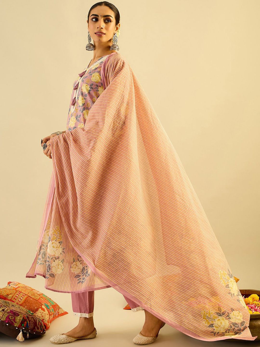 Dhiyona IE Floral Printed Pure Cotton Kurta With Trousers & Dupatta