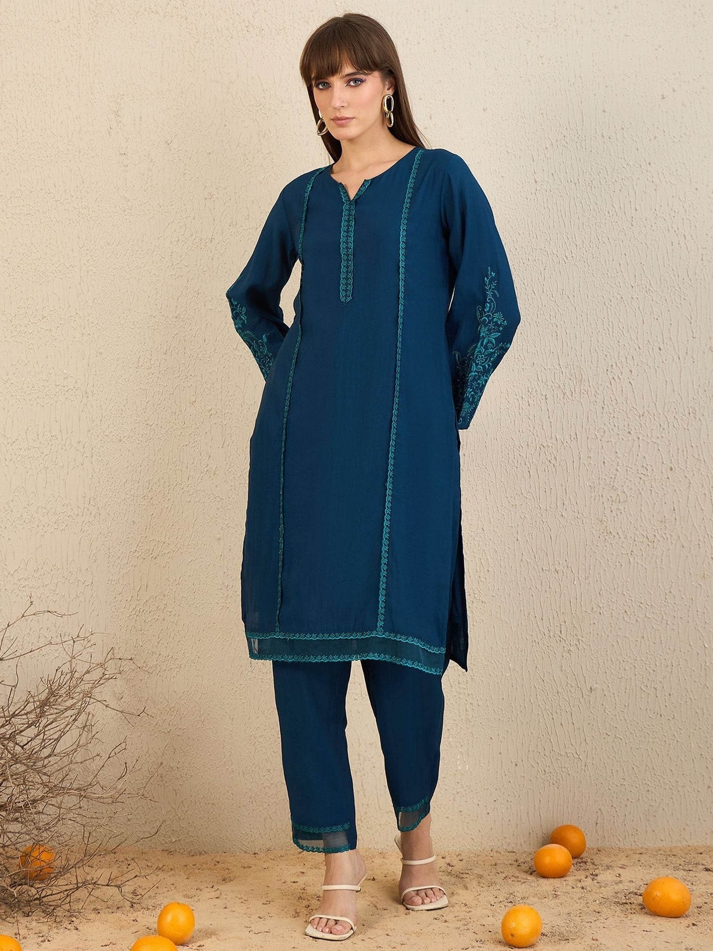 Dhiyona IE Ethnic Motifs Embroidered Flared Sleeves Notch Neck Straight Kurta with Trousers