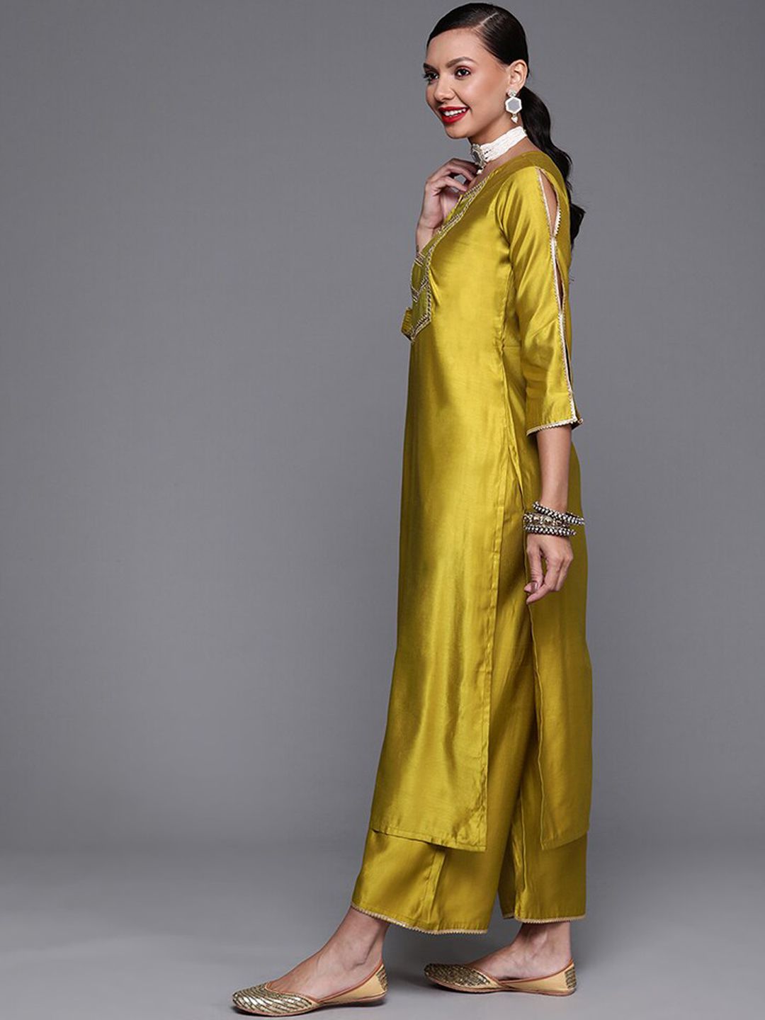 Dhiyona IE Mustard Yellow & Maroon Yoke Design Liva Kurta with Trousers & Dupatta