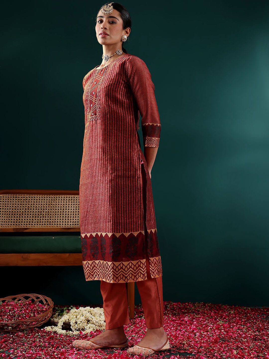 Dhiyona VA Women's Printed Regular Sequinned Chanderi Silk Kurta with Trousers & With Dupatta
