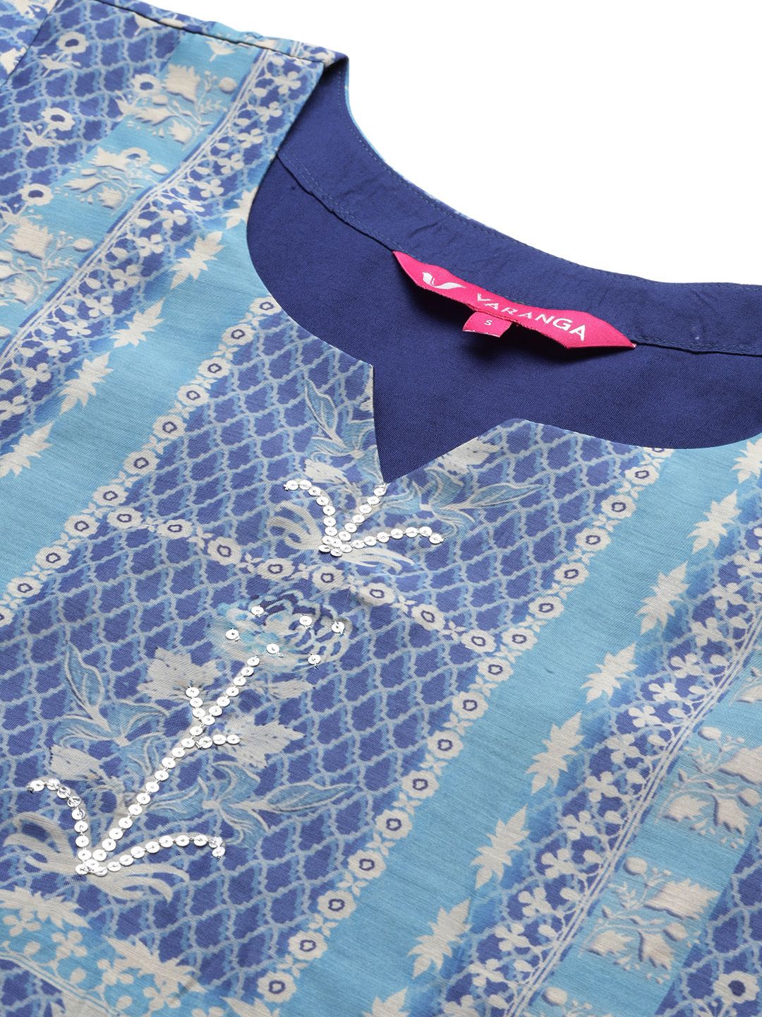 Dhiyona VA Women's Blue Floral Printed Sequinned Kurta with Trousers & With Dupatta