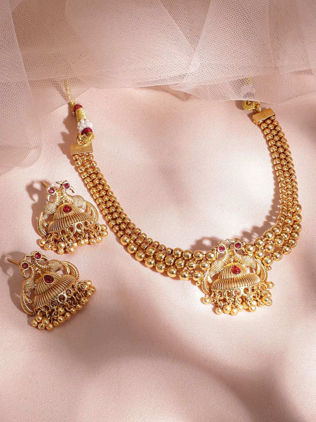 Dhiyona RJ Women's 22K Gold-Plated Red Stone with Gold Beaded Peacock Design Traditional Necklace Set