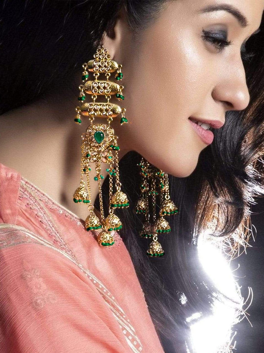 Dhiyona RJ Women's 18K Mehndi Gold-Plated Emerald Studded Shoulder Duster Jhumka Earrings