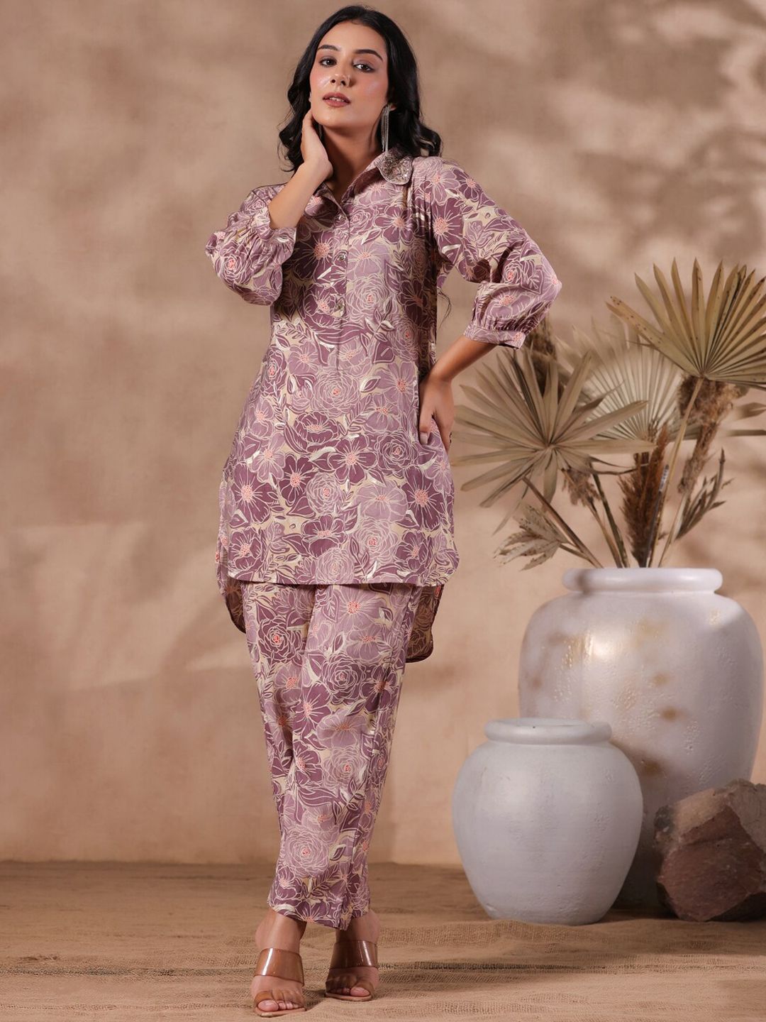 Dhiyona IS Women's Floral Printed Shirt Collar Puff Sleeve Beads and Stones Silk Blend Kurta Set