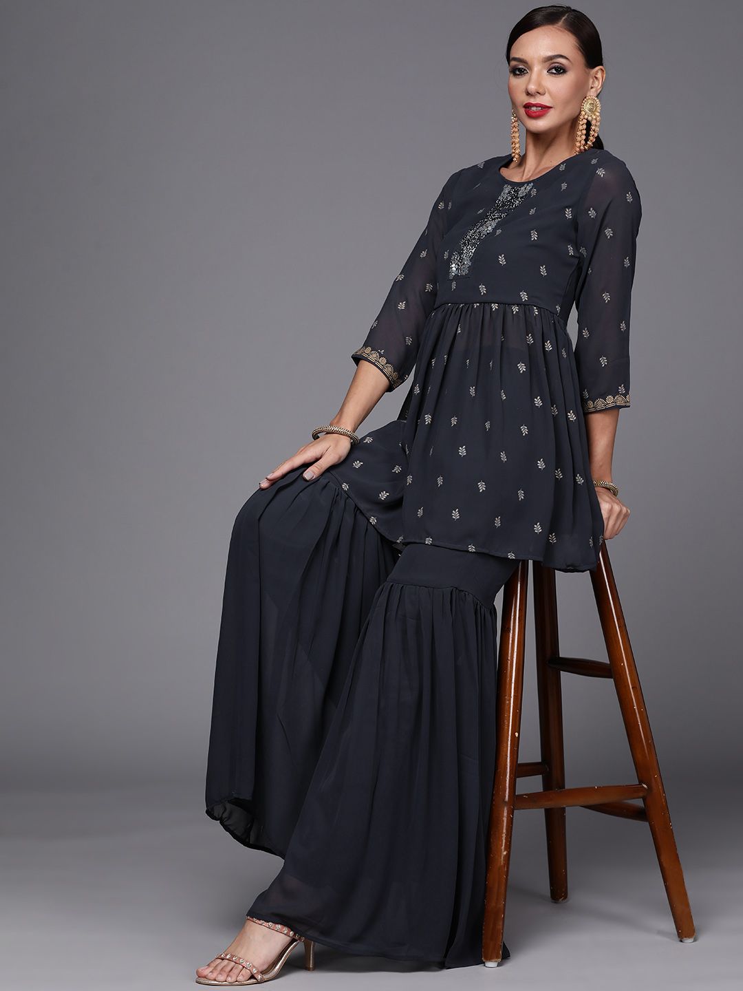 Women Navy Blue Printed Pleated Beads and Stones Kurta with Sharara