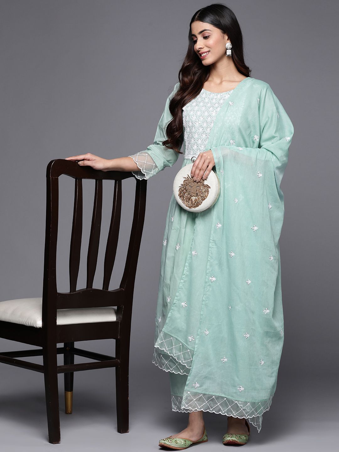 Dhiyona VA Women's Floral Embroidered Sequinned Pure Cotton Kurta Set