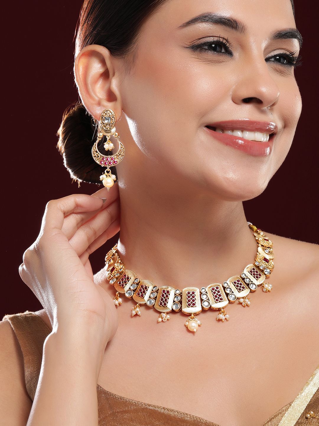 Dhiyona RJ Women's 24K Gold-Plated Ruby, Kundan Studded & Pearl Drops Rectangle Motif Necklace Set