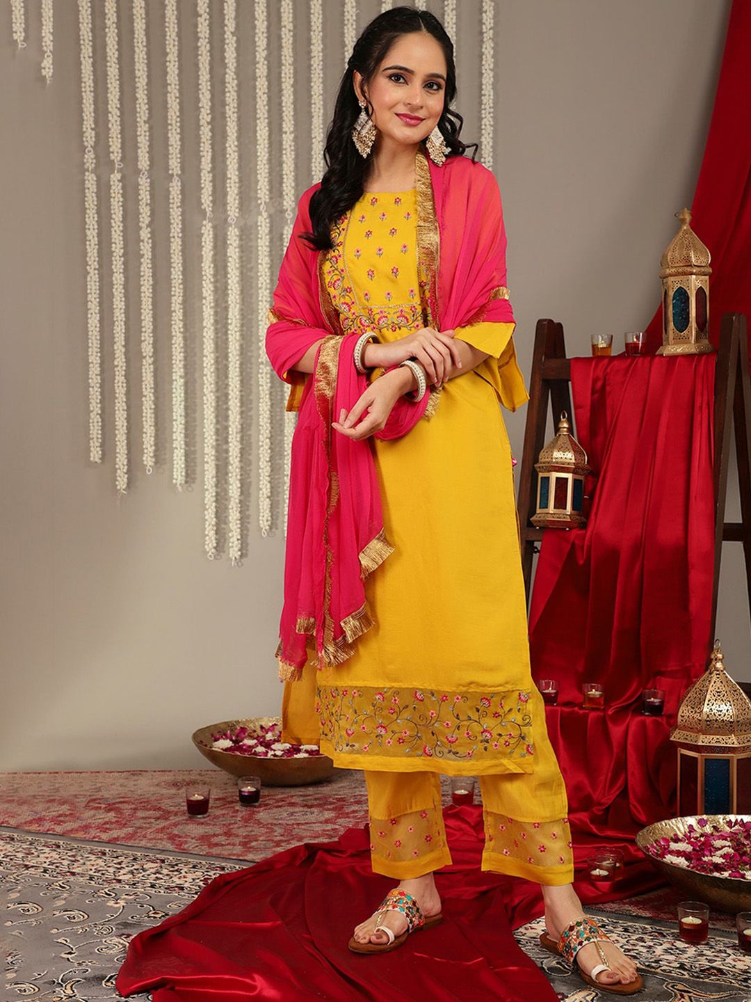 Dhiyona VA Women'sFloral Embroidered Yoke Design Kurta with Trousers & With Dupatta