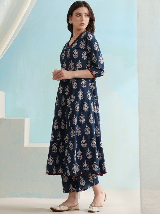 Women's Ethnic Motifs Printed V-Neck Pure Cotton A-Line Kurta with Palazzos & Dupatta