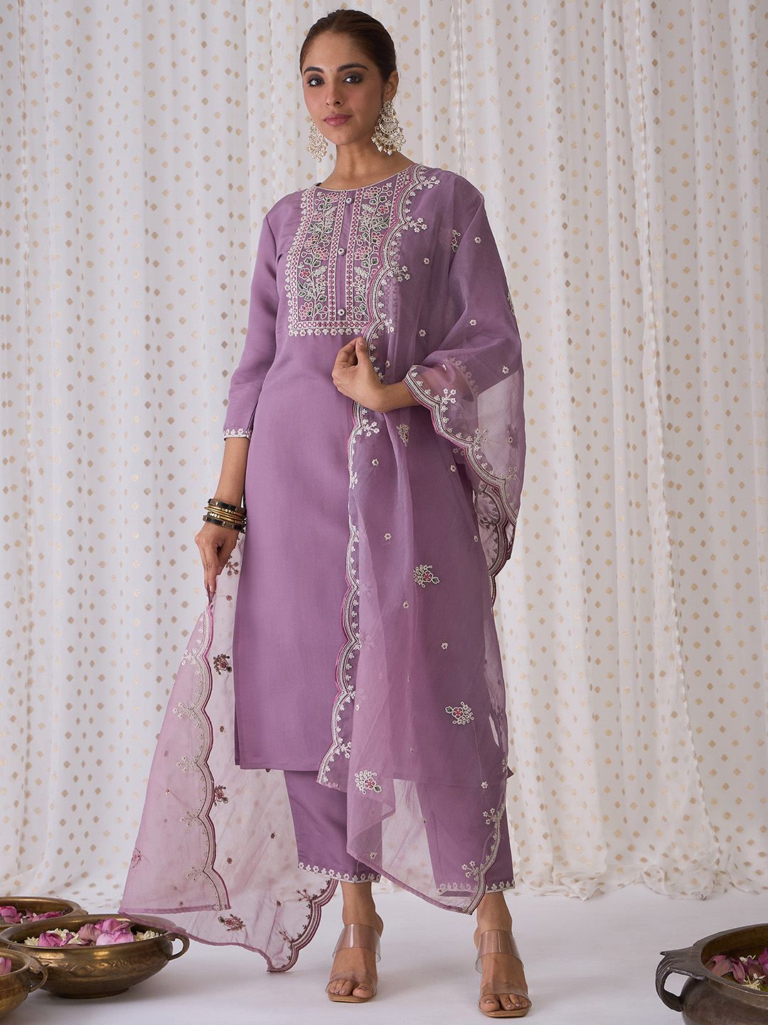 Dhiyona IE Women Floral Yoke Design Regular Thread Work Kurta with Trousers & Dupatta