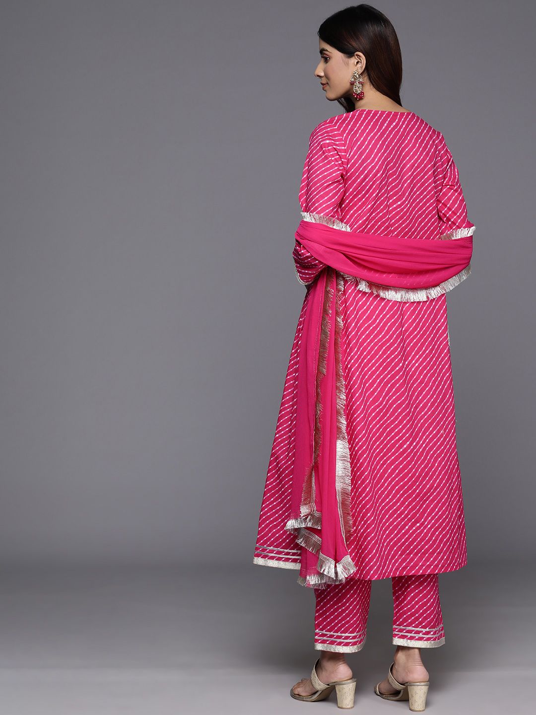 Dhiyona VA Women's Leheriya Printed Empire Gotta Patti Pure Cotton Kurta with Trousers & With Dupatta