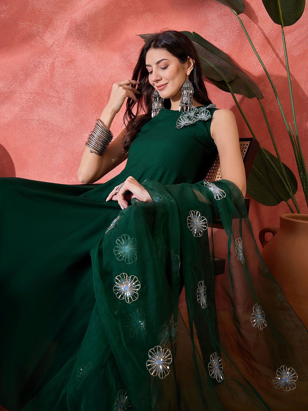 Dhiyona SN Women's Sequinned A-Line Kurta & Palazzo With Dupatta
