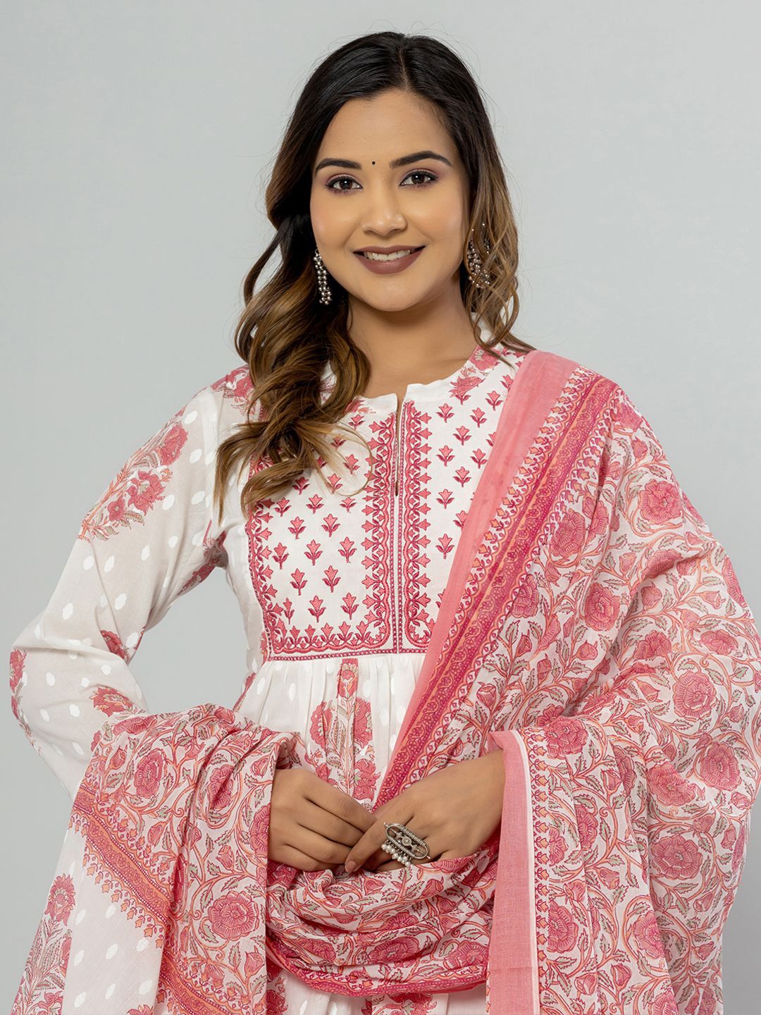 Dhiyona IE Ethnic Motifs Printed Empire Pure Cotton Kurta with Palazzos & Dupatta