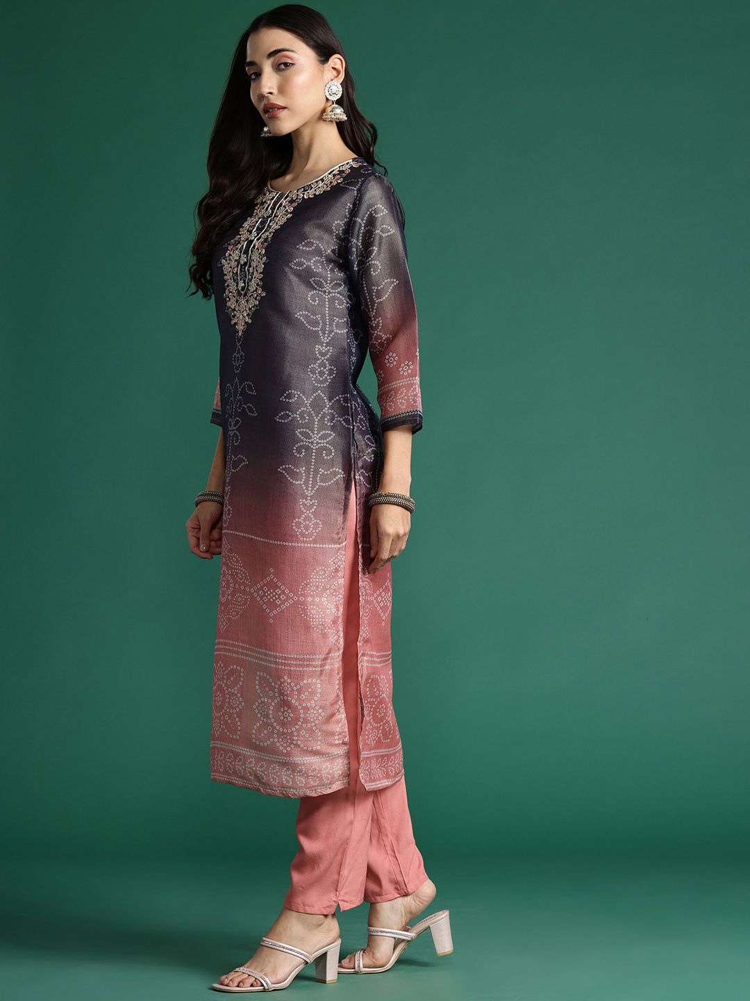Dhiyona IE Bandhani Printed Thread Work Kurta with Trousers & With Dupatta