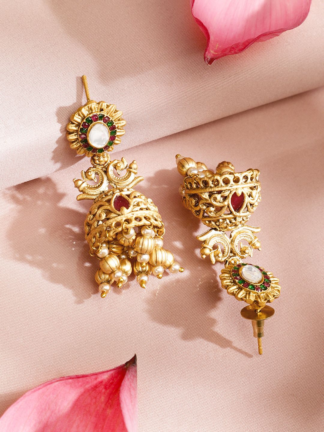 Dhiyona RJ Women's 22K Gold Plated Ruby,Emerald Kundan Studded Pearl & Gold Beaded Jewellery Set