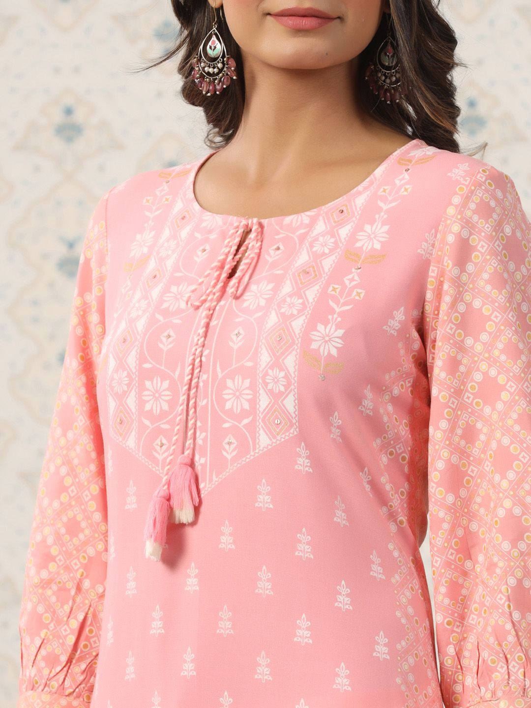 Dhiyona OD Ethnic Motif Printed Tie Up Neck A-Line Kurta With Trousers