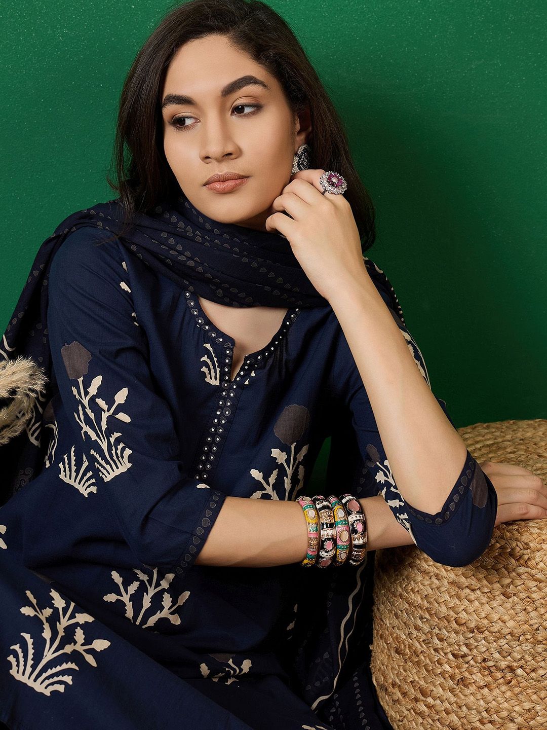 Dhiyona SN Women's Notch Neck Printed Pure Cotton Kurta With Trousers & Dupatta