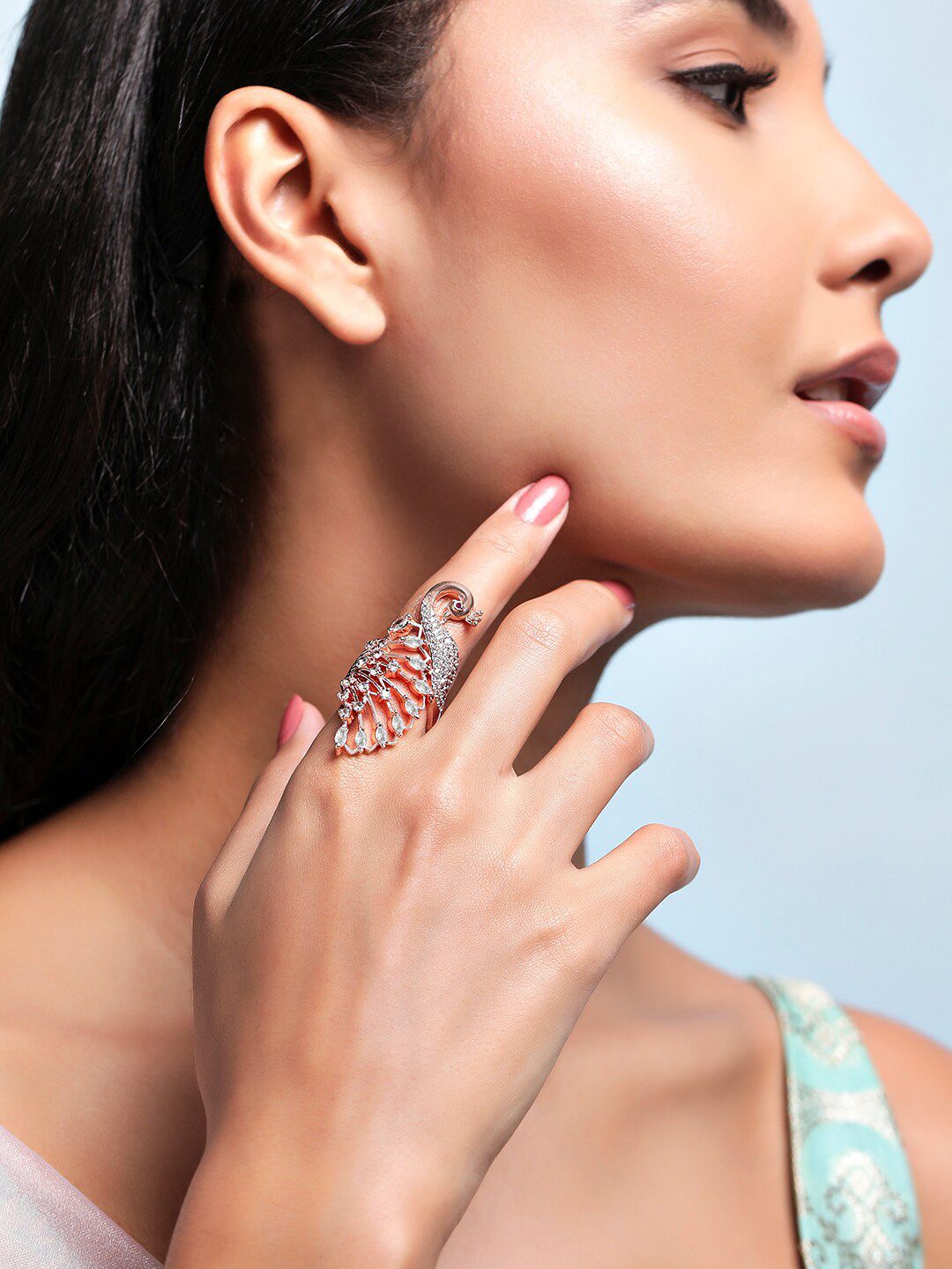 Dhiyona RJ Women's 18K Rose Gold-Plated Peacock Design Cubic Zirconia Studded Finger Ring