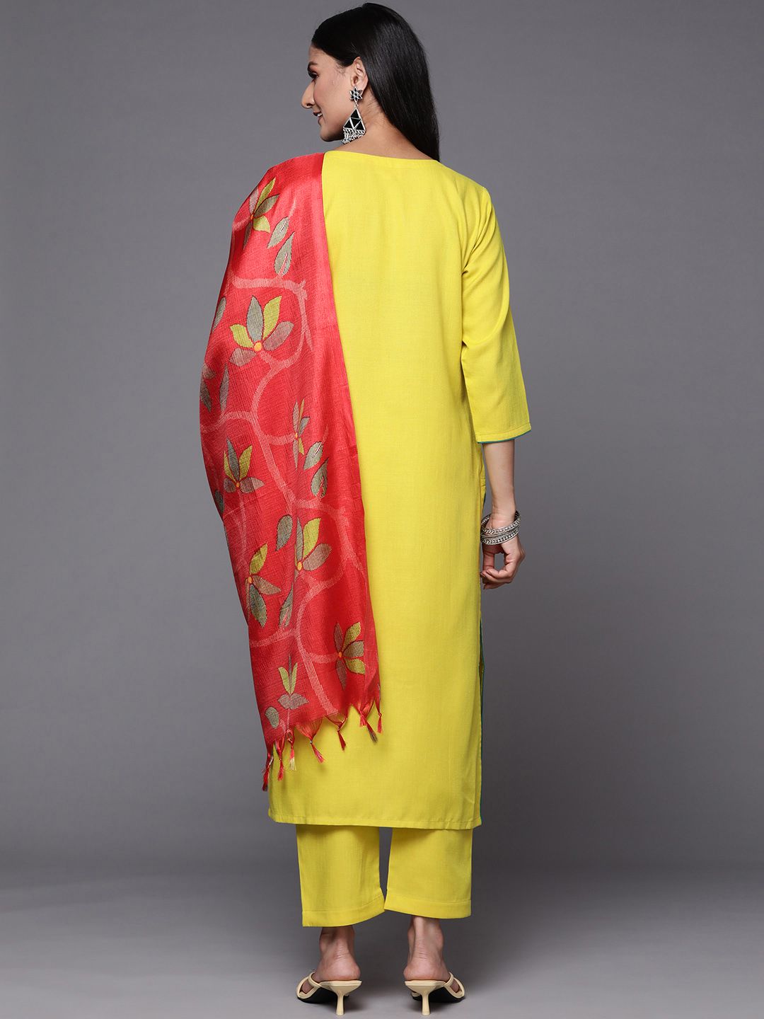 Dhiyona VA Women's Lime Green Yoke Design Thread Work Kurta with Trousers & Dupatta