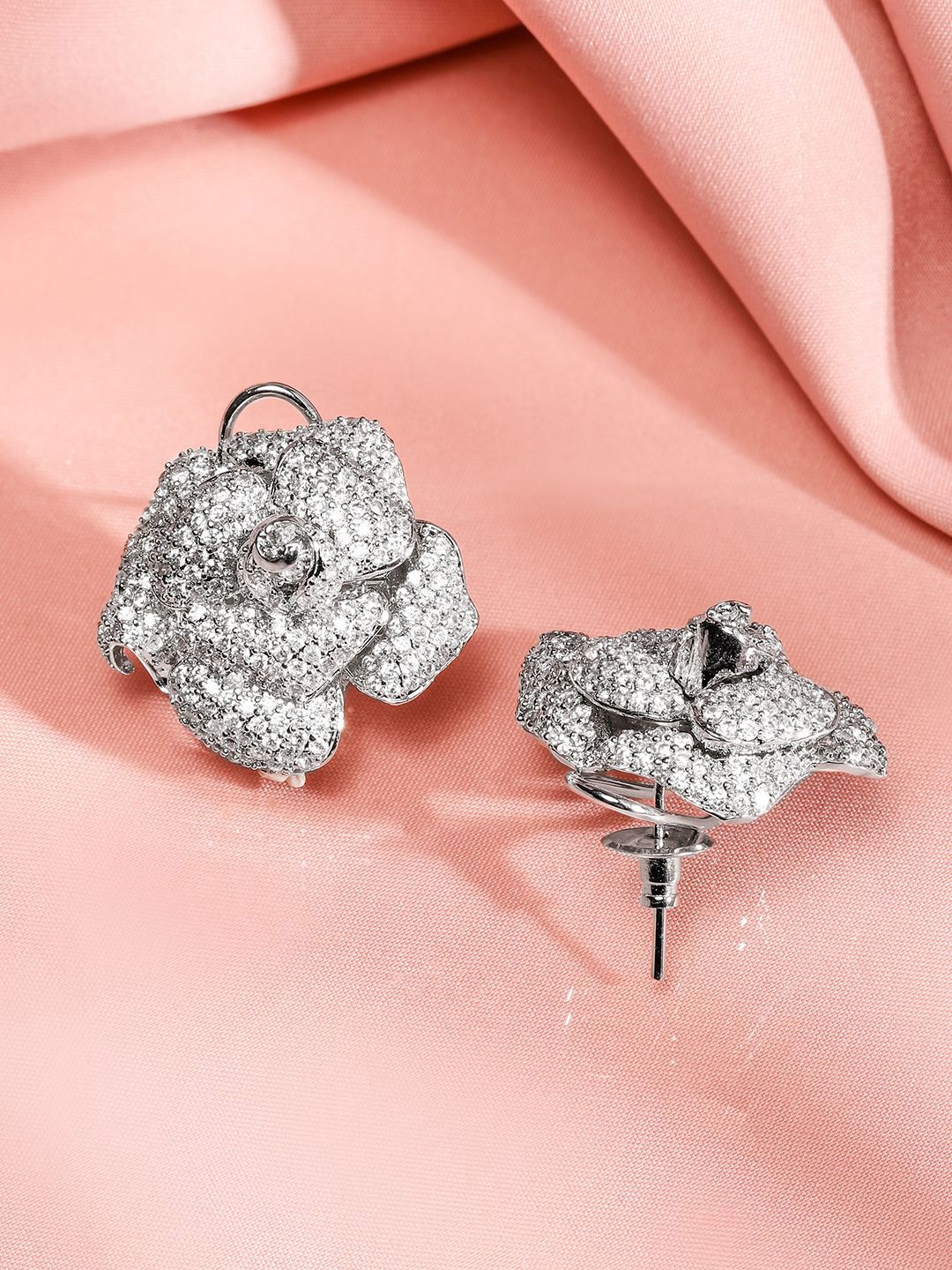Dhiyona RJ Women's Rhodium-Plated White Cubic Zirconia Studded 3D Floral Rose Design Stud Earrings