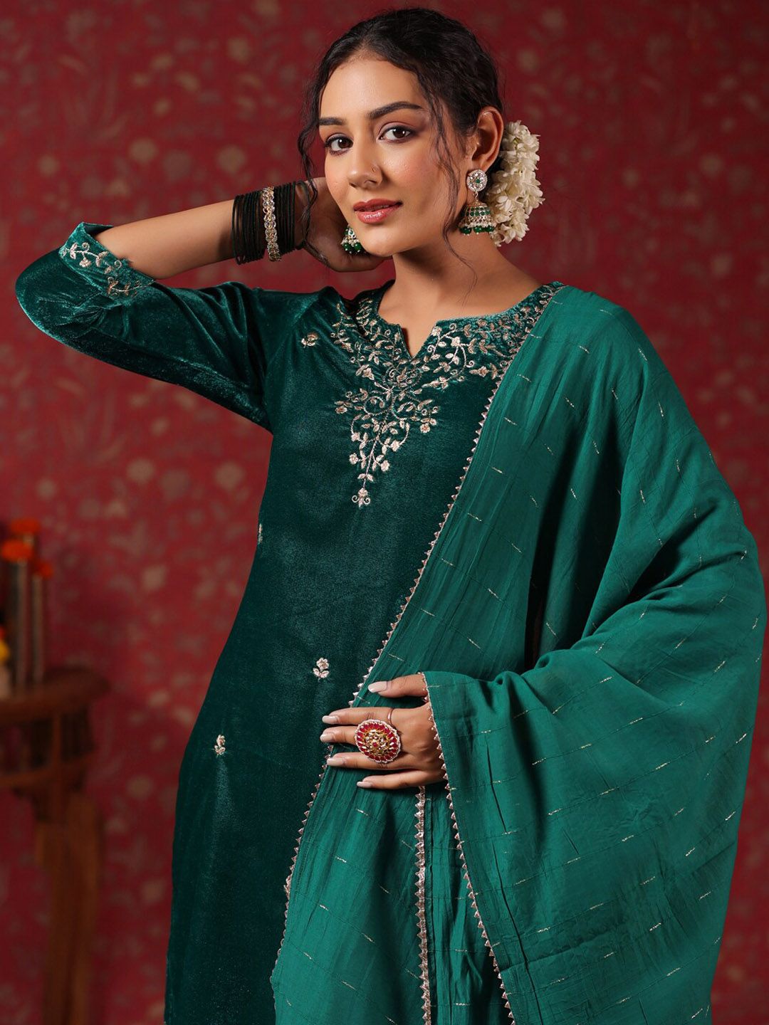 Dhiyona IS Women's Ethnic Motifs Embroidered Velvet Straight Kurta & Trousers With Dupatta