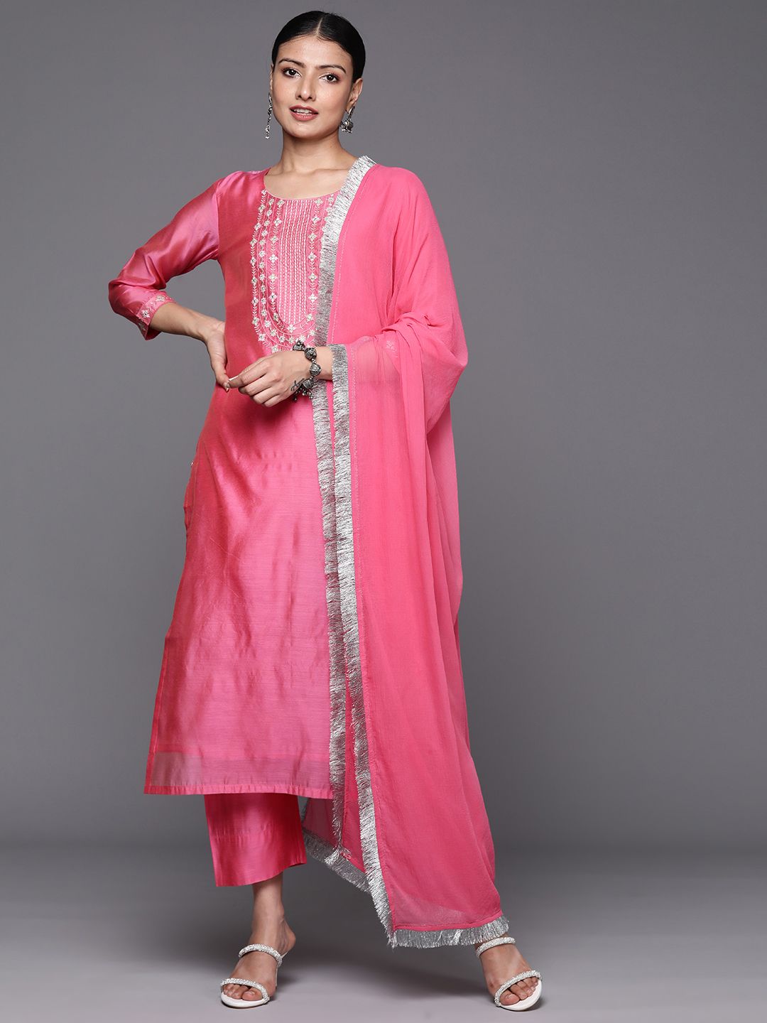Dhiyona VA Women's Pink Yoke Design Kurta with Trousers & With Dupatta