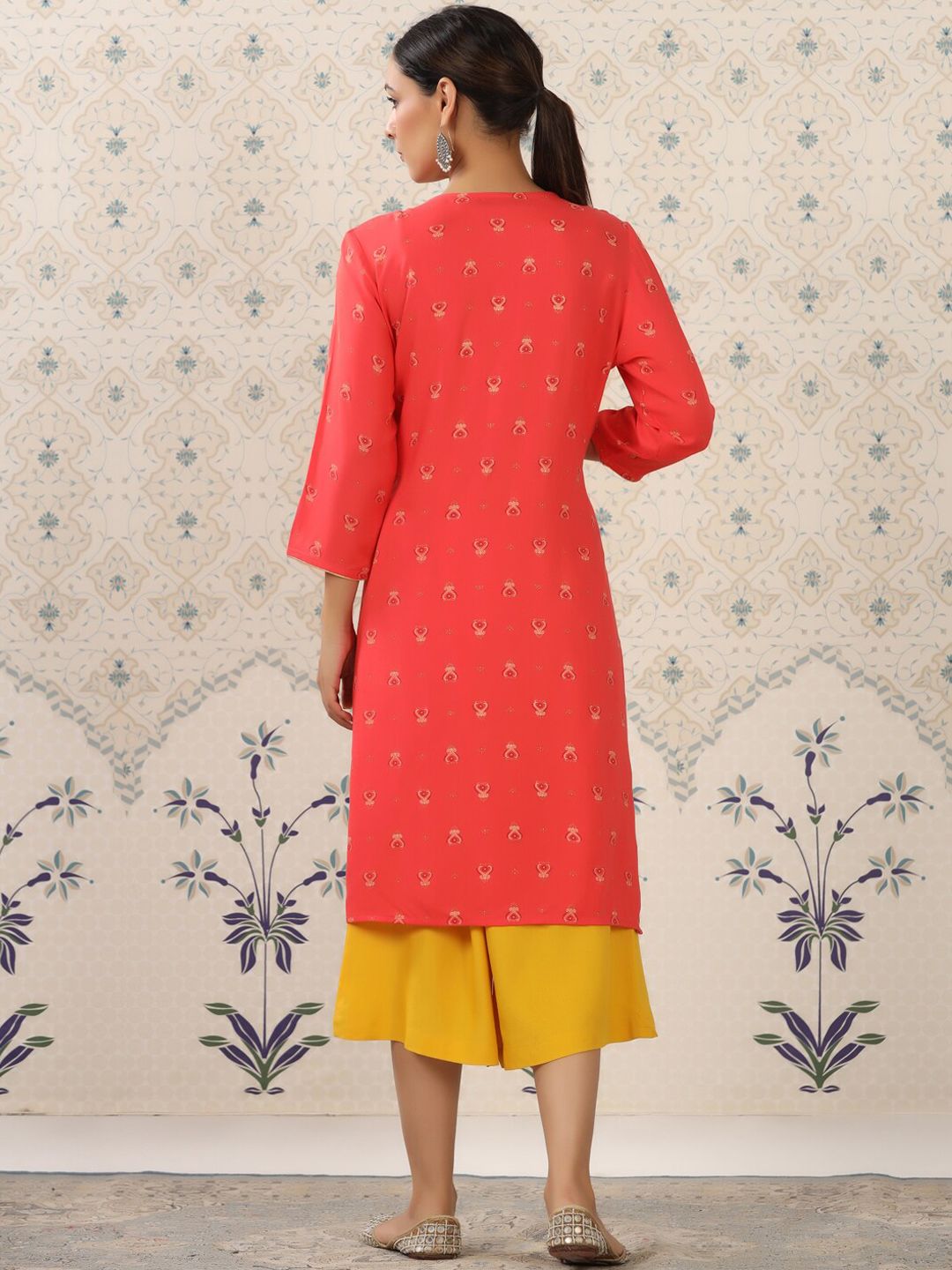 Dhiyona OD Red & Yellow Ethnic Motif Printed Notched Neck Kurta With Palazzos