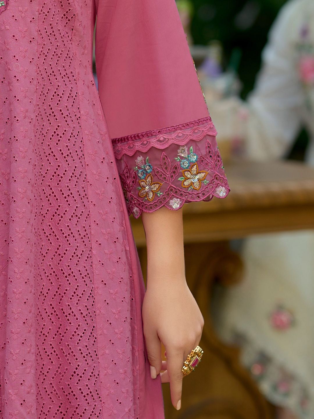 Dhiyona IE Floral Embroidered Pure Cotton Anarkali Kurta With Trousers And Dupatta
