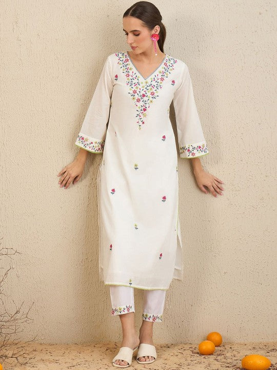 Women's Floral Embroidered Pure Cotton Kurta With Trousers & Dupatta