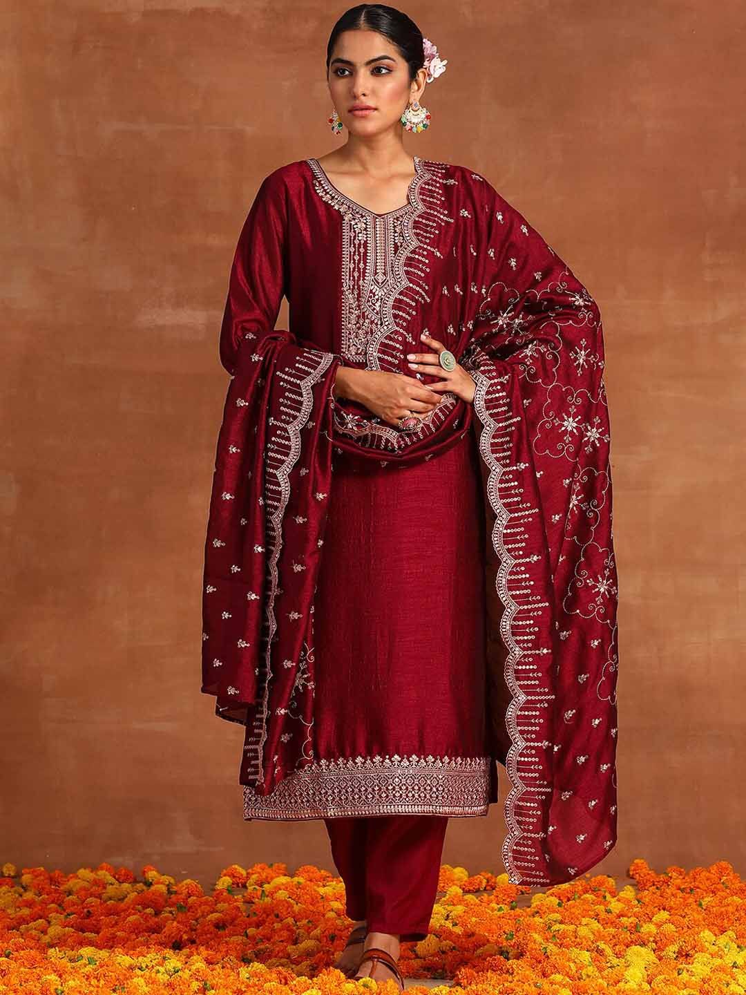 Dhiyona IE Floral Yoke Design Sequinned Straight Kurta With Trouser & Dupatta