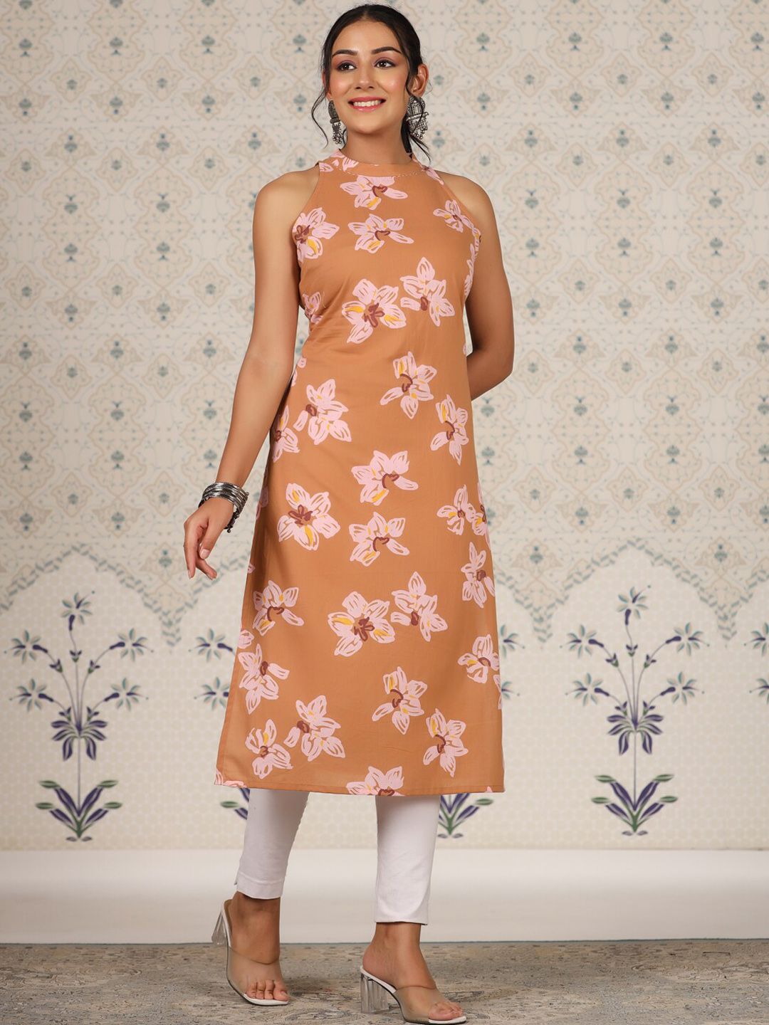 Dhiyona OD Floral Printed Sleeveless Pure Cotton Straight Kurta