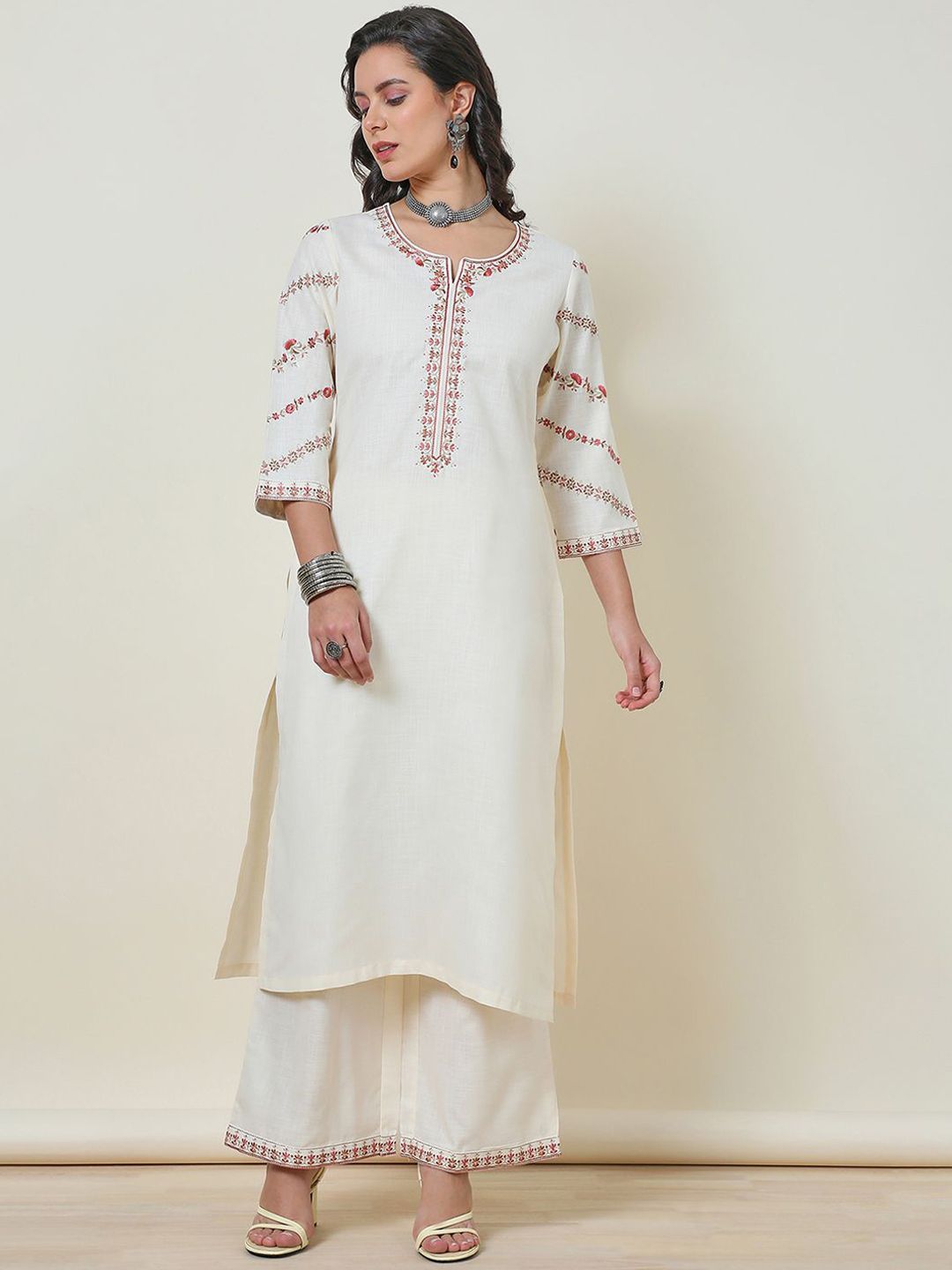 Dhiyona SO Women's Cream-Coloured Floral Yoke Design Thread Work Straight Kurta With Palazzos