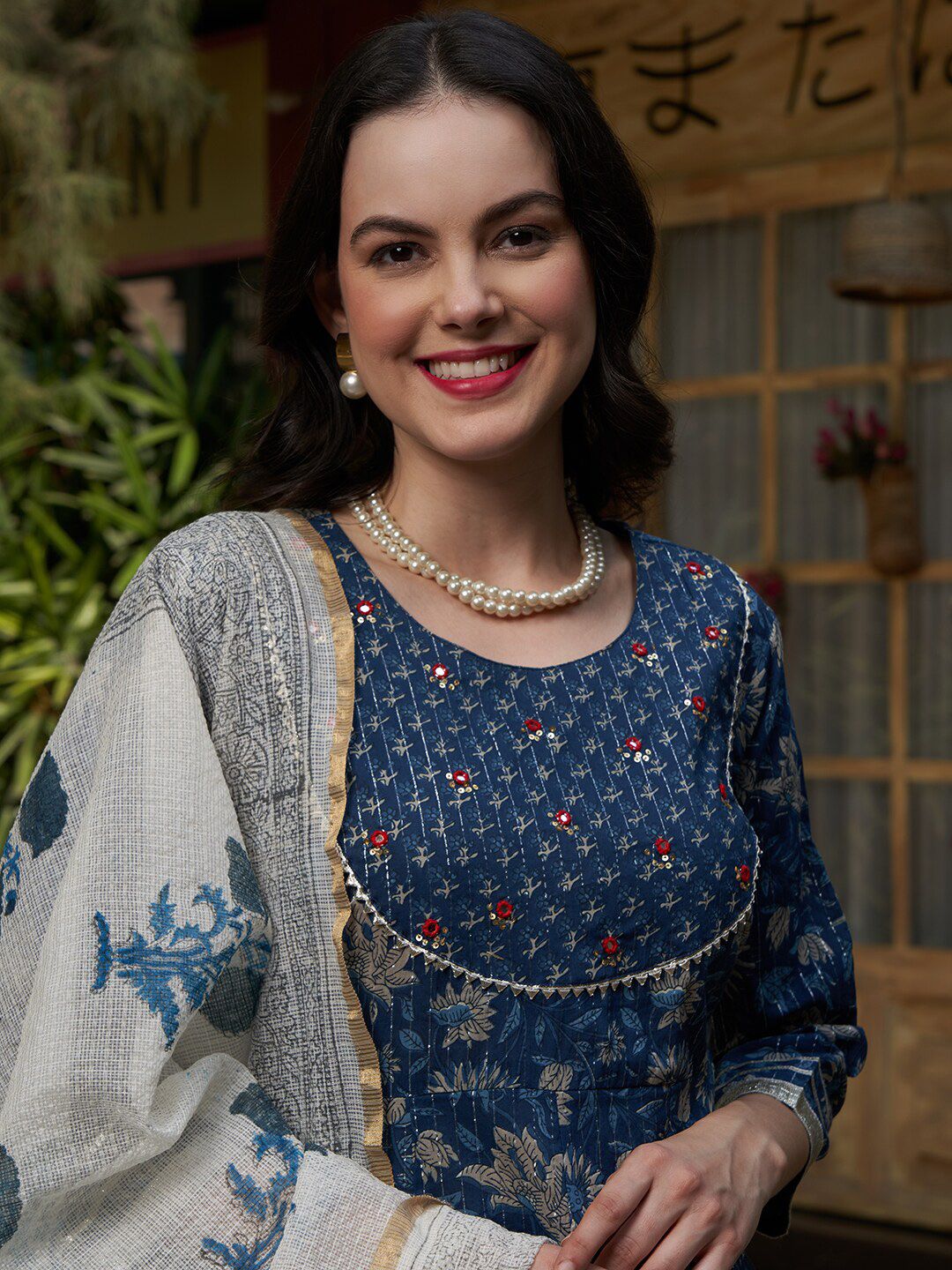 Dhiyona SN Women's Blue Printed Gotta Patti Pure Cotton Empire A-Line Kurta with Trousers & Dupatta