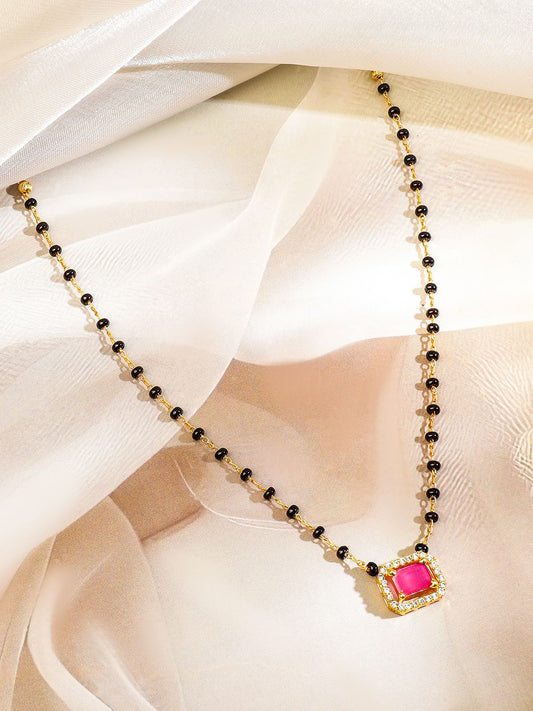 Dhiyona RJ Women's 22K Gold-Plated and Black Beaded with Ruby Pink Cubic Zirconia Studded Mangalsutra