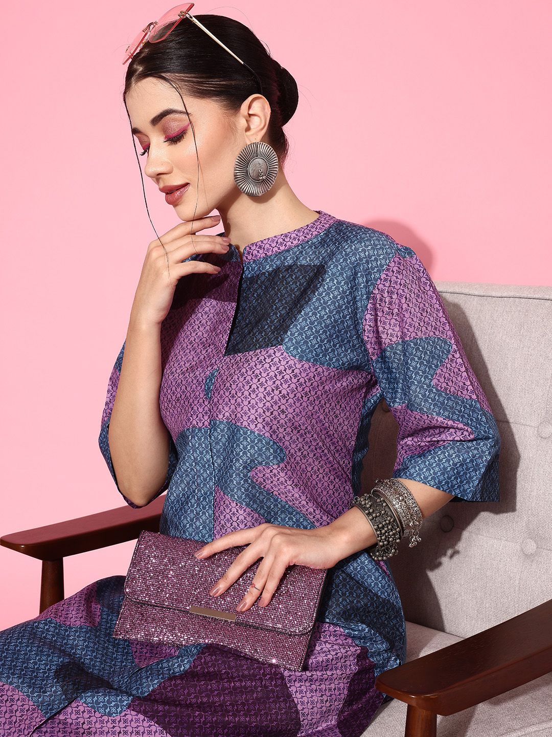 Dhiyona VA Women'sAbstract Printed Mandarin Collar Kurta with Palazzos