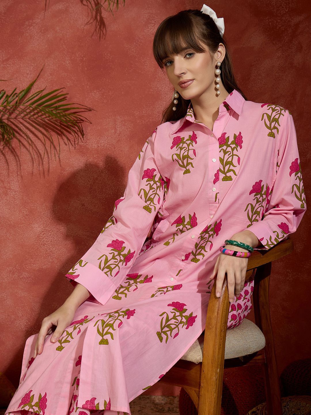 Floral Printed Shirt Collar Pure Cotton Straight Kurta With Palazzos
