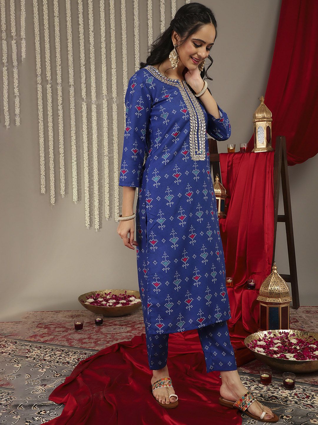 Dhiyona VA Women's Blue Bandhani Printed Gotta Patti Kurta with Trousers & Dupatta
