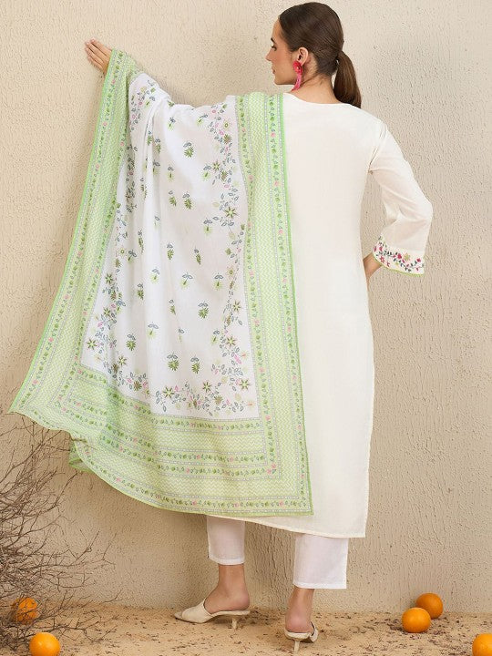 Women's Floral Embroidered Pure Cotton Kurta With Trousers & Dupatta